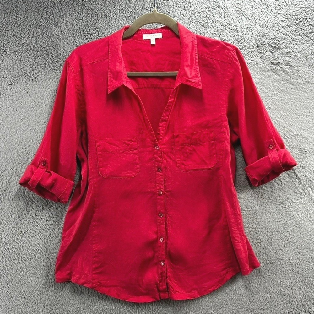 Eileen Fisher Petite Large Pink Irish Linen Organic Cotton Roll Tab Shirt EUC